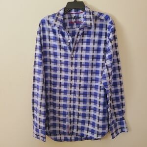 Robert Graham Plaid Blue White Black Button Down Collared Cotton Shirt Size XL